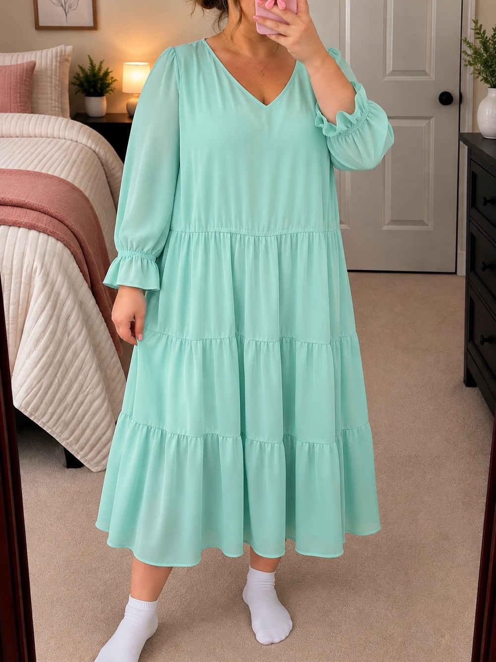 V-Neck Tiered Midi Dress in Mint Green by
